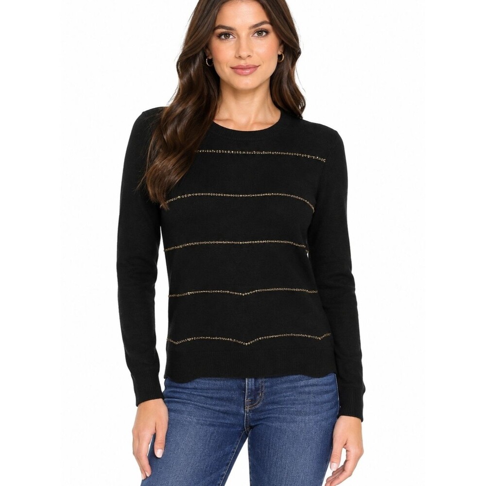 Michael Kors Black Crewneck Sweater with Gold Accent Stripes